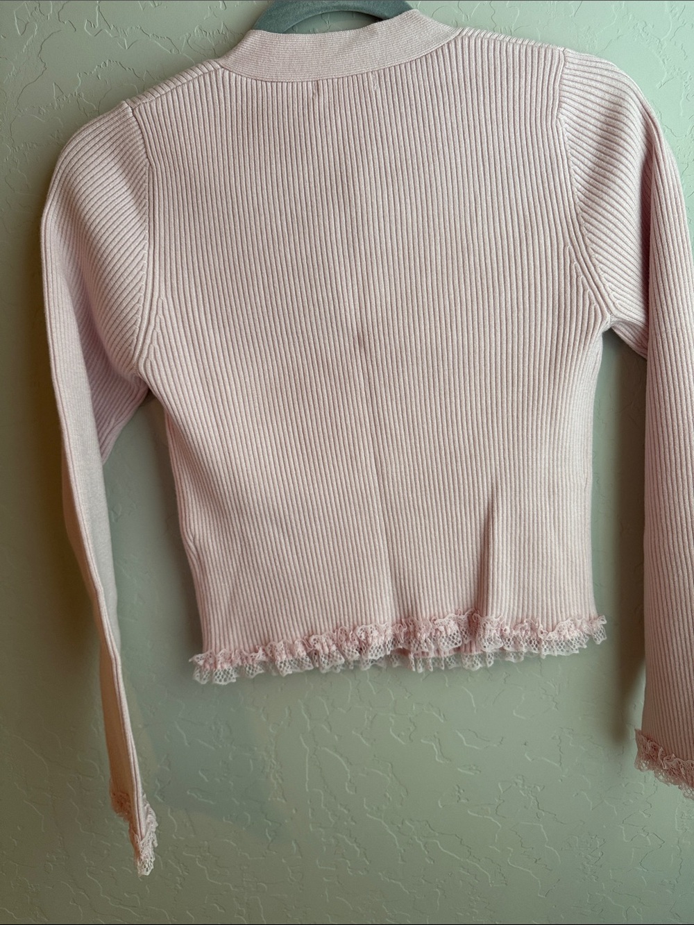 For Love & Lemons Nina Cardigan in Light Pink Ribbed Button with Lace Trim - Picture 8 of 9